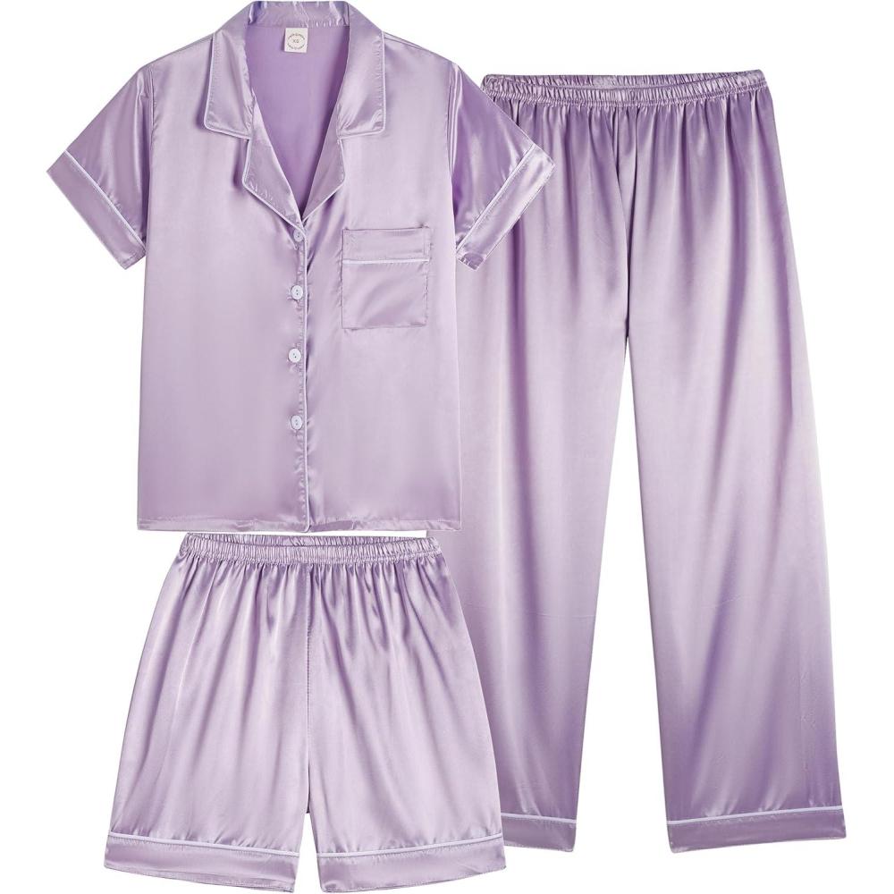 imageVopmocld Satin Pajama Sets Unisex Boys and Girls Silk Button Down Short Sleeve amp Shorts amp Pants Sleepwear 3PCS Loungewear PJSLilac