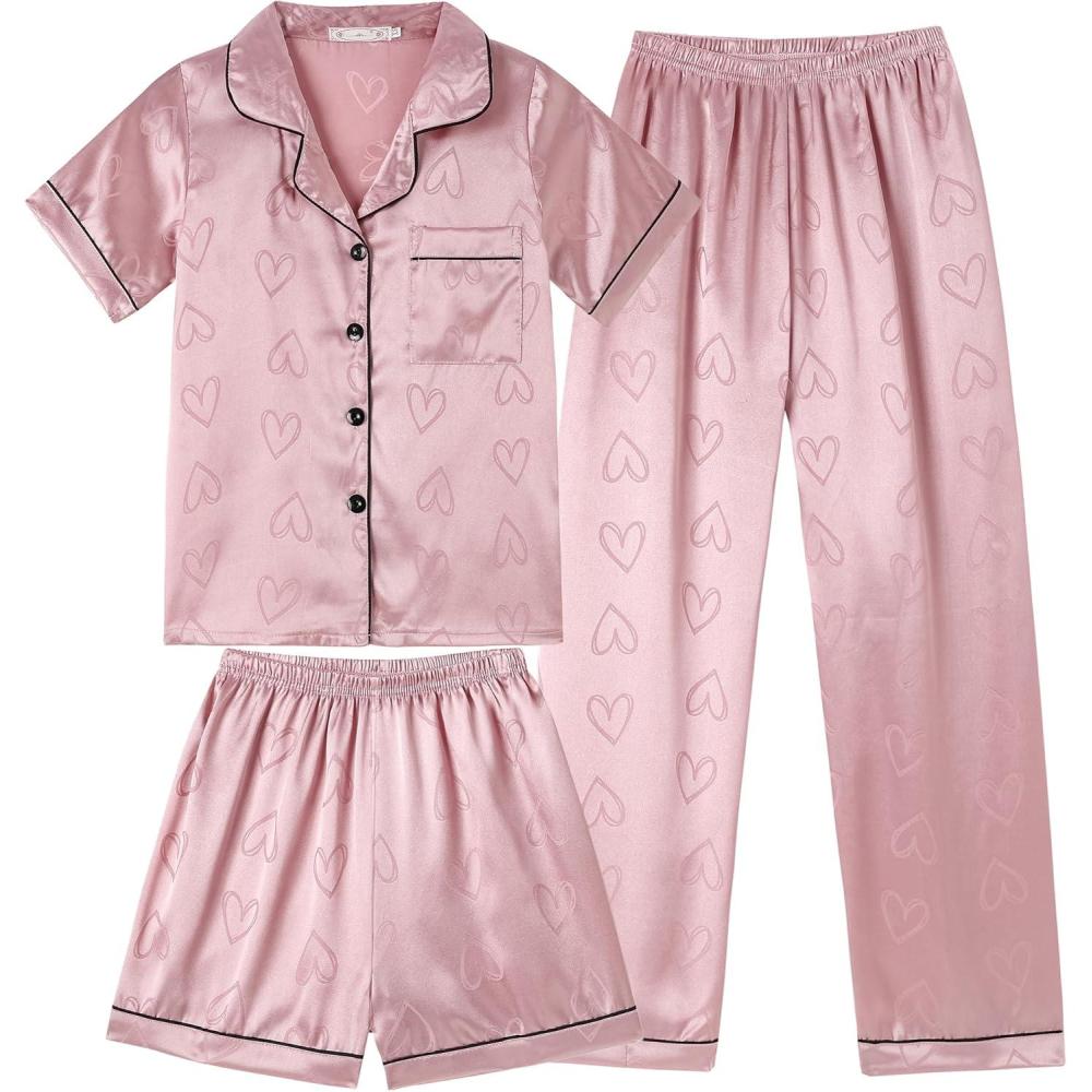 imageVopmocld Satin Pajama Sets Unisex Boys and Girls Silk Button Down Short Sleeve amp Shorts amp Pants Sleepwear 3PCS Loungewear PJSLotus Hearts