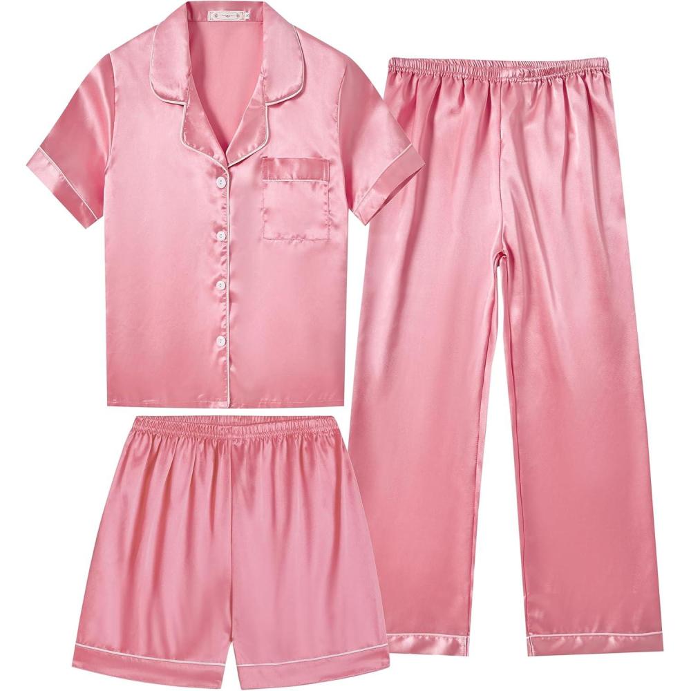 imageVopmocld Satin Pajama Sets Unisex Boys and Girls Silk Button Down Short Sleeve amp Shorts amp Pants Sleepwear 3PCS Loungewear PJSWatermelon