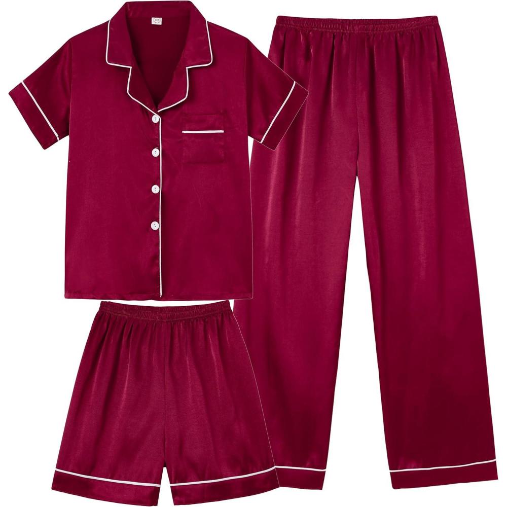 imageVopmocld Satin Pajama Sets Unisex Boys and Girls Silk Button Down Short Sleeve amp Shorts amp Pants Sleepwear 3PCS Loungewear PJSWine Red