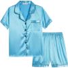 Vopmocld Big Kids Unisex Pjs Set Girls Boys Silk Pajama Sets Satin Clasic Sleepwear Summer 2 Pieces Button Down Nighty(2pcs-lake Blue)