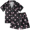 Vopmocld Big Kids Unisex Pjs Set Girls Boys Silk Pajama Sets Satin Clasic Sleepwear Summer 2 Pieces Button Down Nighty(Black/Pink Hearts)