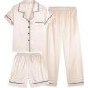 Vopmocld Satin Pajama Sets Unisex Boys and Girls Silk Button Down Short Sleeve & Shorts & Pants Sleepwear 3PCS Loungewear PJS(Champagne)