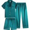 Vopmocld Satin Pajama Sets Unisex Boys and Girls Silk Button Down Short Sleeve & Shorts & Pants Sleepwear 3PCS Loungewear PJS(Dark Green)