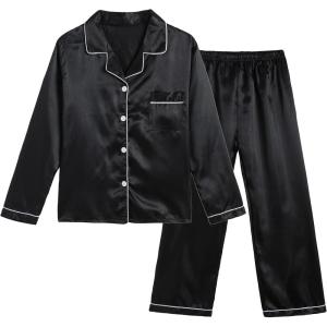 Vopmocld Big Kids Unisex Pjs Set Girls Boys Silk Pajama Sets Satin Clasic Sleepwear Long Sleeve 2 Pieces Button Down Nighty(Black)