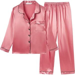 Vopmocld Big Kids Unisex Pjs Set Girls Boys Silk Pajama Sets Satin Clasic Sleepwear Long Sleeve 2 Pieces Button Down Nighty(Coral Pink)