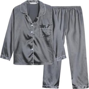 Vopmocld Big Kids Unisex Pjs Set Girls Boys Silk Pajama Sets Satin Clasic Sleepwear Long Sleeve 2 Pieces Button Down Nighty(Dark Gray)