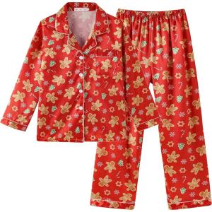 Vopmocld Big Kids Unisex Pjs Set Girls Boys Silk Pajama Sets Satin Clasic Sleepwear Long Sleeve 2 Pieces Button Down Nighty(Gingerbread)
