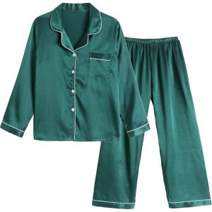Vopmocld Big Kids Unisex Pjs Set Girls Boys Silk Pajama Sets Satin Clasic Sleepwear Long Sleeve 2 Pieces Button Down Nighty(Green)