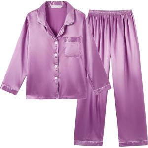 Vopmocld Big Kids Unisex Pjs Set Girls Boys Silk Pajama Sets Satin Clasic Sleepwear Long Sleeve 2 Pieces Button Down Nighty(Haze Purple)