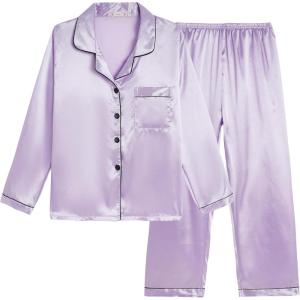 Vopmocld Big Kids Unisex Pjs Set Girls Boys Silk Pajama Sets Satin Clasic Sleepwear Long Sleeve 2 Pieces Button Down Nighty(Lilac)