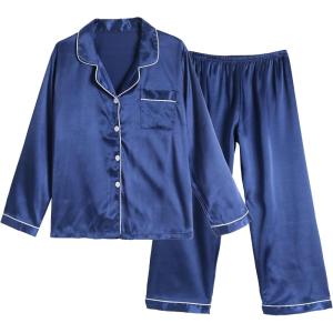 Vopmocld Big Kids Unisex Pjs Set Girls Boys Silk Pajama Sets Satin Clasic Sleepwear Long Sleeve 2 Pieces Button Down Nighty(Navy)