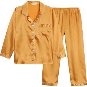 Vopmocld Big Kids Unisex Pjs Set Girls Boys Silk Pajama Sets Satin Clasic Sleepwear Long Sleeve 2 Pieces Button Down Nighty(Orange)