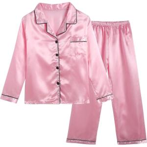 Vopmocld Big Kids Unisex Pjs Set Girls Boys Silk Pajama Sets Satin Clasic Sleepwear Long Sleeve 2 Pieces Button Down Nighty(Pink)