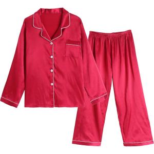 Vopmocld Big Kids Unisex Pjs Set Girls Boys Silk Pajama Sets Satin Clasic Sleepwear Long Sleeve 2 Pieces Button Down Nighty(Red)