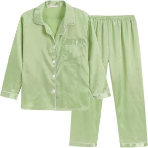 Vopmocld Big Kids Unisex Pjs Set Girls Boys Silk Pajama Sets Satin Clasic Sleepwear Long Sleeve 2 Pieces Button Down Nighty(Yellowish Green)