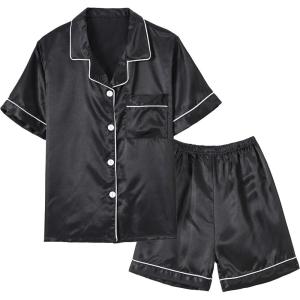 Vopmocld Big Kids Unisex Pjs Set Girls Boys Silk Pajama Sets Satin Clasic Sleepwear Summer 2 Pieces Button Down Nighty(Black)