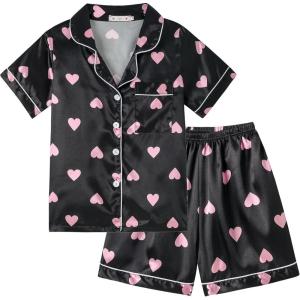 Vopmocld Big Kids Unisex Pjs Set Girls Boys Silk Pajama Sets Satin Clasic Sleepwear Summer 2 Pieces Button Down Nighty(Black/Pink Hearts)