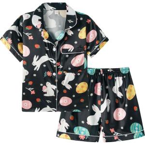 Vopmocld Big Kids Unisex Pjs Set Girls Boys Silk Pajama Sets Satin Clasic Sleepwear Summer 2 Pieces Button Down Nighty(Easter Black Bunny)