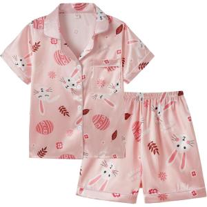 Vopmocld Big Kids Unisex Pjs Set Girls Boys Silk Pajama Sets Satin Clasic Sleepwear Summer 2 Pieces Button Down Nighty(Easter Pink Bunny)