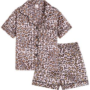 Vopmocld Big Kids Unisex Pjs Set Girls Boys Silk Pajama Sets Satin Clasic Sleepwear Summer 2 Pieces Button Down Nighty(Full Printed Leopard)