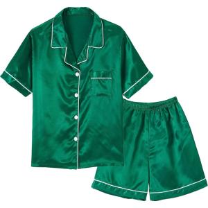 Vopmocld Big Kids Unisex Pjs Set Girls Boys Silk Pajama Sets Satin Clasic Sleepwear Summer 2 Pieces Button Down Nighty(Green)