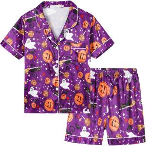 Vopmocld Big Kids Unisex Pjs Set Girls Boys Silk Pajama Sets Satin Clasic Sleepwear Summer 2 Pieces Button Down Nighty(Halloween Purple)
