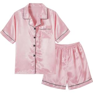 Vopmocld Big Kids Unisex Pjs Set Girls Boys Silk Pajama Sets Satin Clasic Sleepwear Summer 2 Pieces Button Down Nighty(Pink)