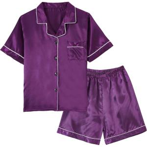 Vopmocld Big Kids Unisex Pjs Set Girls Boys Silk Pajama Sets Satin Clasic Sleepwear Summer 2 Pieces Button Down Nighty(Purple)