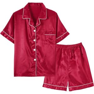 Vopmocld Big Kids Unisex Pjs Set Girls Boys Silk Pajama Sets Satin Clasic Sleepwear Summer 2 Pieces Button Down Nighty(Red)