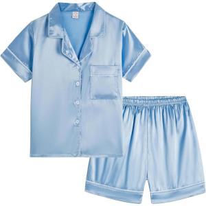 Vopmocld Big Kids Unisex Pjs Set Girls Boys Silk Pajama Sets Satin Clasic Sleepwear Summer 2 Pieces Button Down Nighty(Sky Blue)