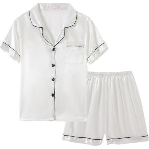 Vopmocld Big Kids Unisex Pjs Set Girls Boys Silk Pajama Sets Satin Clasic Sleepwear Summer 2 Pieces Button Down Nighty(White)