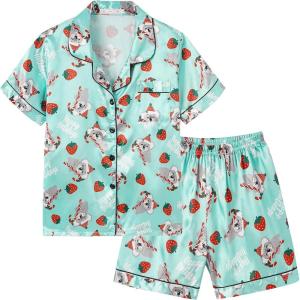 Vopmocld Big Kids Unisex Pjs Set Girls Boys Silk Pajama Sets Satin Clasic Sleepwear Summer 2 Pieces Button Down Nighty(Xmas Koala)
