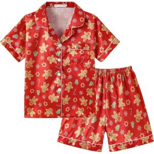 Vopmocld Big Kids Unisex Pjs Set Girls Boys Silk Pajama Sets Satin Clasic Sleepwear Summer 2 Pieces Button Down Nighty(Xmas Red)