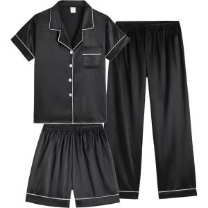 Vopmocld Satin Pajama Sets Unisex Boys and Girls Silk Button Down Short Sleeve & Shorts & Pants Sleepwear 3PCS Loungewear PJS(Black)