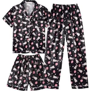 Vopmocld Satin Pajama Sets Unisex Boys and Girls Silk Button Down Short Sleeve & Shorts & Pants Sleepwear 3PCS Loungewear PJS(Black Bunny)