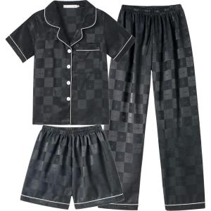 Vopmocld Satin Pajama Sets Unisex Boys and Girls Silk Button Down Short Sleeve & Shorts & Pants Sleepwear 3PCS Loungewear PJS(Black Plaid Love)