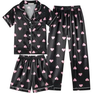 Vopmocld Satin Pajama Sets Unisex Boys and Girls Silk Button Down Short Sleeve & Shorts & Pants Sleepwear 3PCS Loungewear PJS(Black/Pink Hearts)