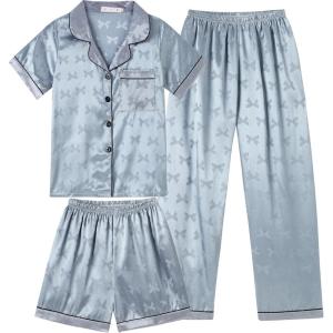 Vopmocld Satin Pajama Sets Unisex Boys and Girls Silk Button Down Short Sleeve & Shorts & Pants Sleepwear 3PCS Loungewear PJS(Bowknot)
