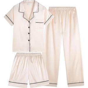 Vopmocld Satin Pajama Sets Unisex Boys and Girls Silk Button Down Short Sleeve & Shorts & Pants Sleepwear 3PCS Loungewear PJS(Champagne)