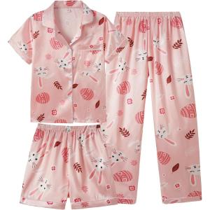 Vopmocld Satin Pajama Sets Unisex Boys and Girls Silk Button Down Short Sleeve & Shorts & Pants Sleepwear 3PCS Loungewear PJS(Easter Pink Bunny)