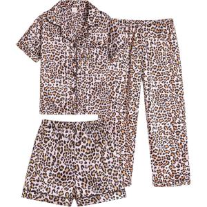 Vopmocld Satin Pajama Sets Unisex Boys and Girls Silk Button Down Short Sleeve & Shorts & Pants Sleepwear 3PCS Loungewear PJS(Full Printed Leopard)