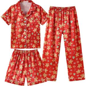 Vopmocld Satin Pajama Sets Unisex Boys and Girls Silk Button Down Short Sleeve & Shorts & Pants Sleepwear 3PCS Loungewear PJS(Gingerbread)
