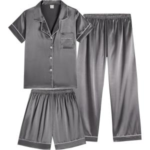 Vopmocld Satin Pajama Sets Unisex Boys and Girls Silk Button Down Short Sleeve & Shorts & Pants Sleepwear 3PCS Loungewear PJS(Grey)