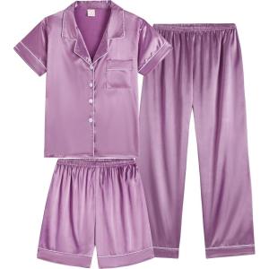 Vopmocld Satin Pajama Sets Unisex Boys and Girls Silk Button Down Short Sleeve & Shorts & Pants Sleepwear 3PCS Loungewear PJS(Haze Purple)