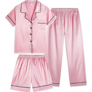 Vopmocld Satin Pajama Sets Unisex Boys and Girls Silk Button Down Short Sleeve & Shorts & Pants Sleepwear 3PCS Loungewear PJS(Light Pink)