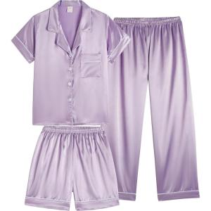 Vopmocld Satin Pajama Sets Unisex Boys and Girls Silk Button Down Short Sleeve & Shorts & Pants Sleepwear 3PCS Loungewear PJS(Lilac)