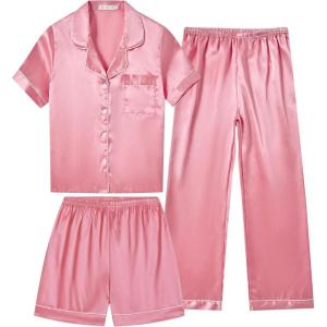 Vopmocld Satin Pajama Sets Unisex Boys and Girls Silk Button Down Short Sleeve & Shorts & Pants Sleepwear 3PCS Loungewear PJS(Watermelon)