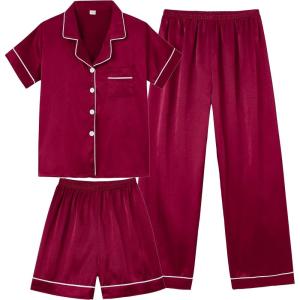 Vopmocld Satin Pajama Sets Unisex Boys and Girls Silk Button Down Short Sleeve & Shorts & Pants Sleepwear 3PCS Loungewear PJS(Wine Red)