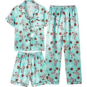 Vopmocld Satin Pajama Sets Unisex Boys and Girls Silk Button Down Short Sleeve & Shorts & Pants Sleepwear 3PCS Loungewear PJS(Xmas Koala)